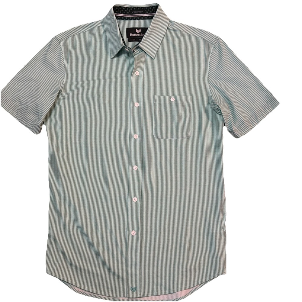 Buttercloth‎ Shirt Mens M Green Slim Fit Icy Cotton Short Sleeve Striped